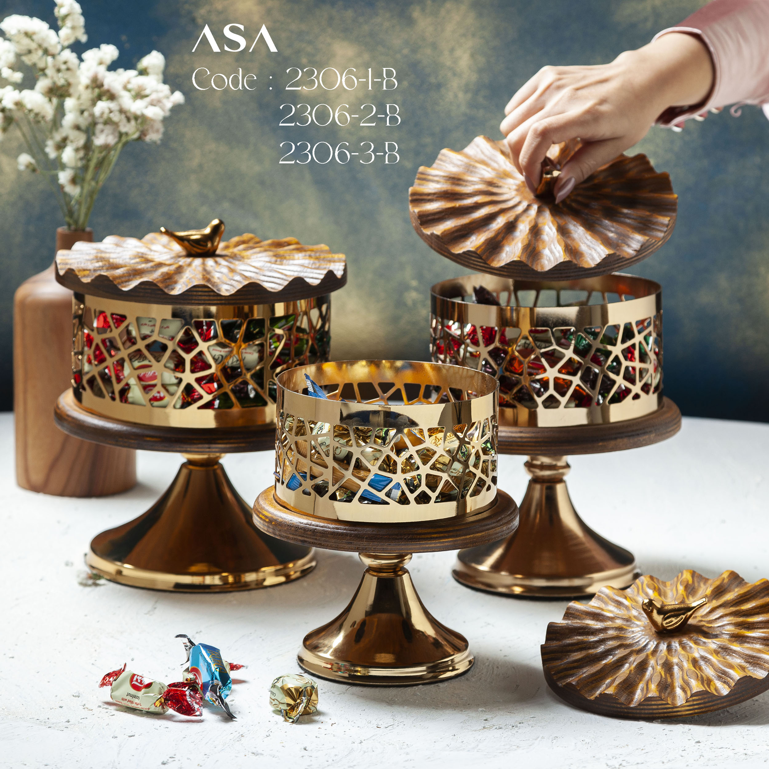 شکلات‌خوری چوبی گرد طرح‌دار کوچک آسا